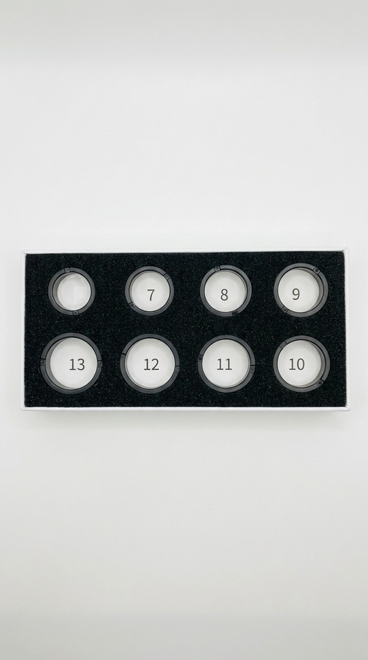 Ring sizing box with sample sizes 7 to 14